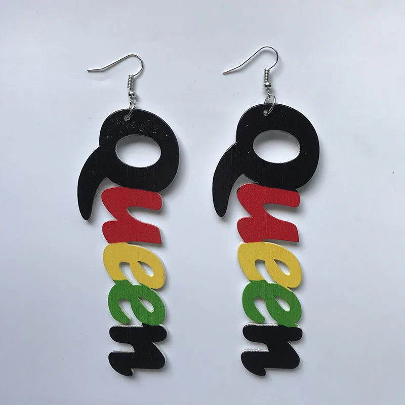Black Queen Wood Africa Hollow Out Queen Letters Colorful Earrings Vintage Party African Afro Jewelry Wooden DIY Club Gift