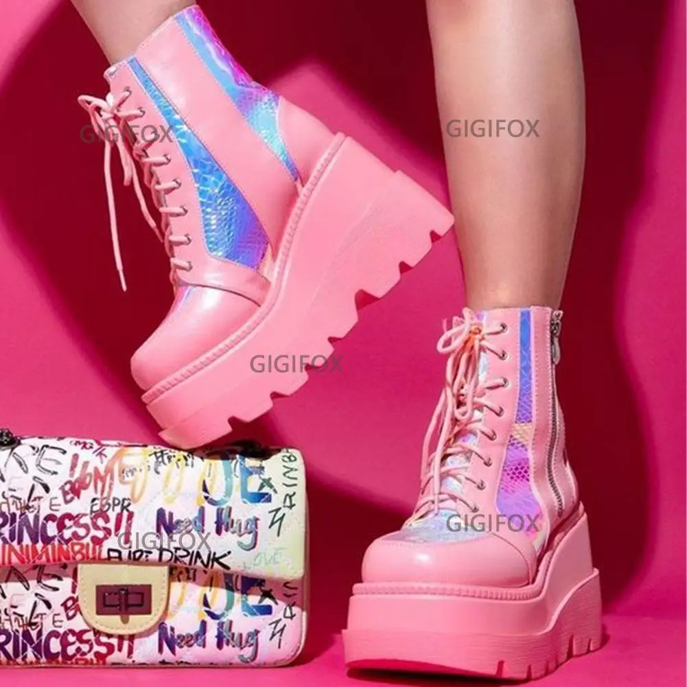 GIGIFOX Brand Fashion Gothic Big Size 43 High Heels Black Back Zipper Ankle Platform Boots Street Cool Woman Wedges Shoes 