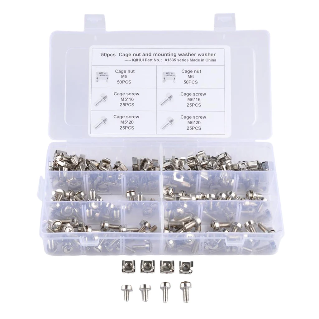 100 Pack Lot - M5*16 M5*20 M6*16 M6*20 Rack Mount Cage Nut & Screw w/ Washer