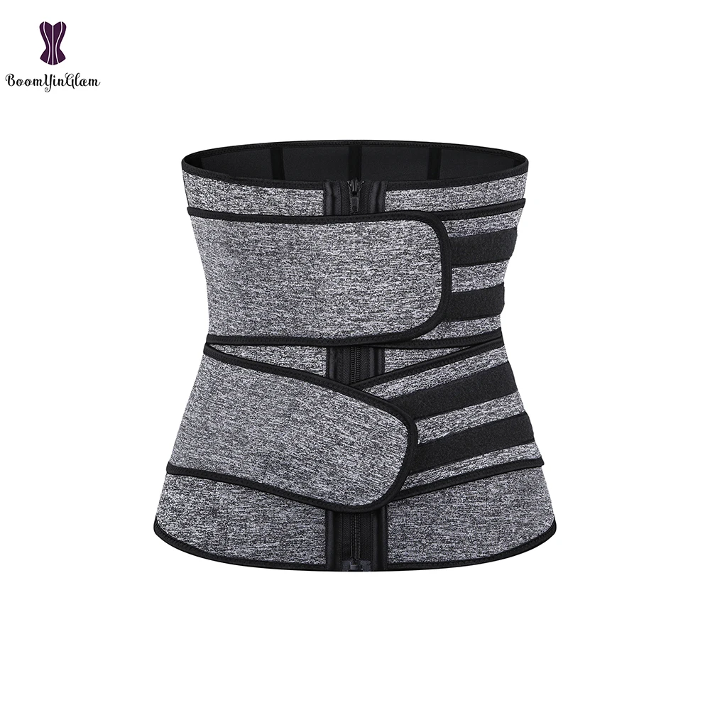 

Neoprene Waist Trainer Front Zipper Double Strap Belts Corset Gray Body Shaper Plus Size Shapewear Corselet
