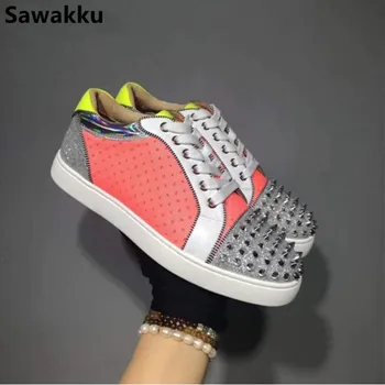 

Men Mixed Color Casual Shoes Silver Head Round Toe Men's Flats Shoes Spikes Breathable New Sneakers Autumn Tenis Masculino