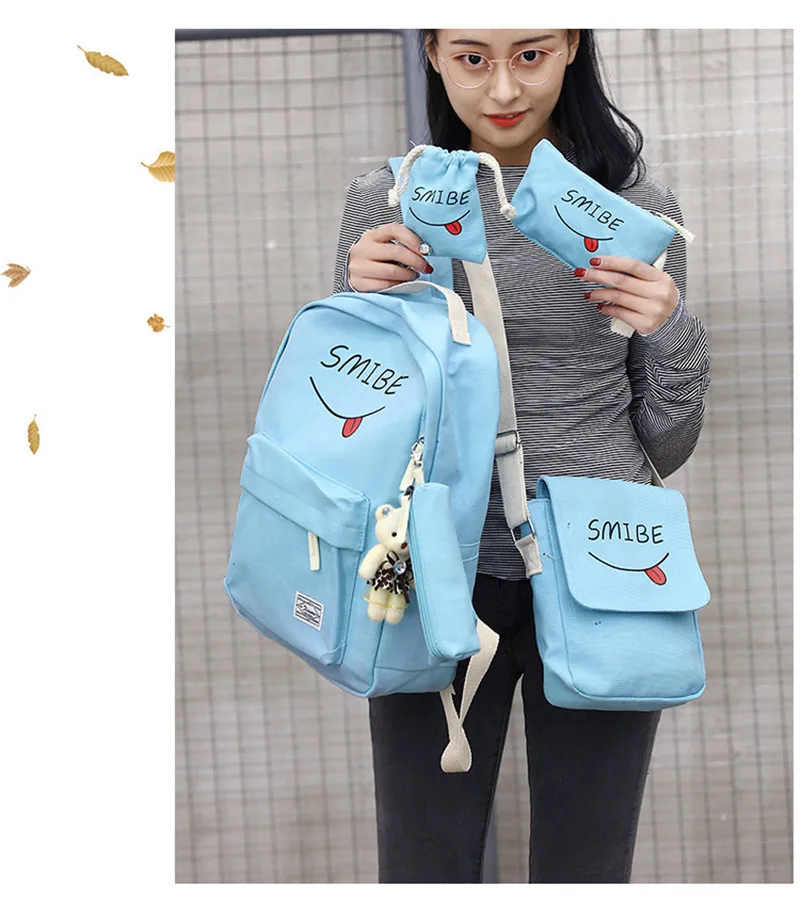 5 шт./компл. Для женщин рюкзак школьные сумки с рисунком улыбающегося милые рюкзаки с медвежонком для девочек-подростков путешествия рюкзаки Mochila