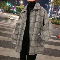 Зимняя новая мужская шерстяная куртка модная повседневная клетчатая куртка в стиле ретро Мужская Уличная Свободная куртка-бомбер мужская