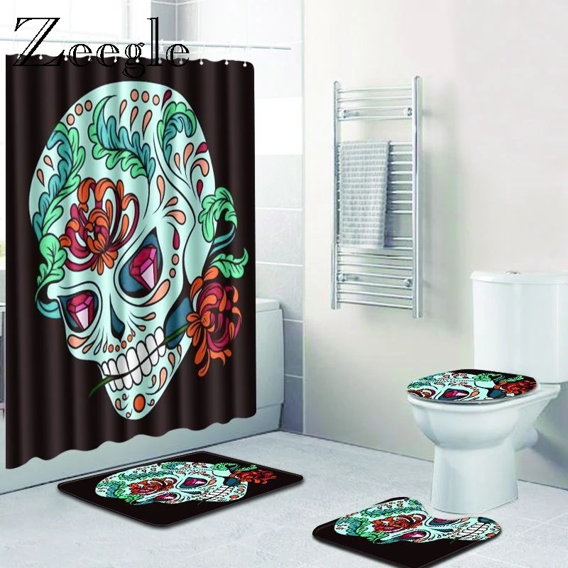Zeegle Creative Bath Mat Halloween Mat for Toilet Bathroom Mat Set with Shower Curtain Washable Soft Bath Mat Toilet Seat Cover