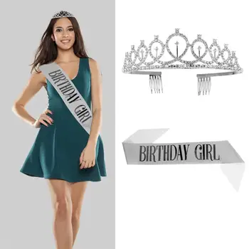 

2pcs Crown Hair Hoop and Birthday Party Letter Printing Sash Birthday Decoration