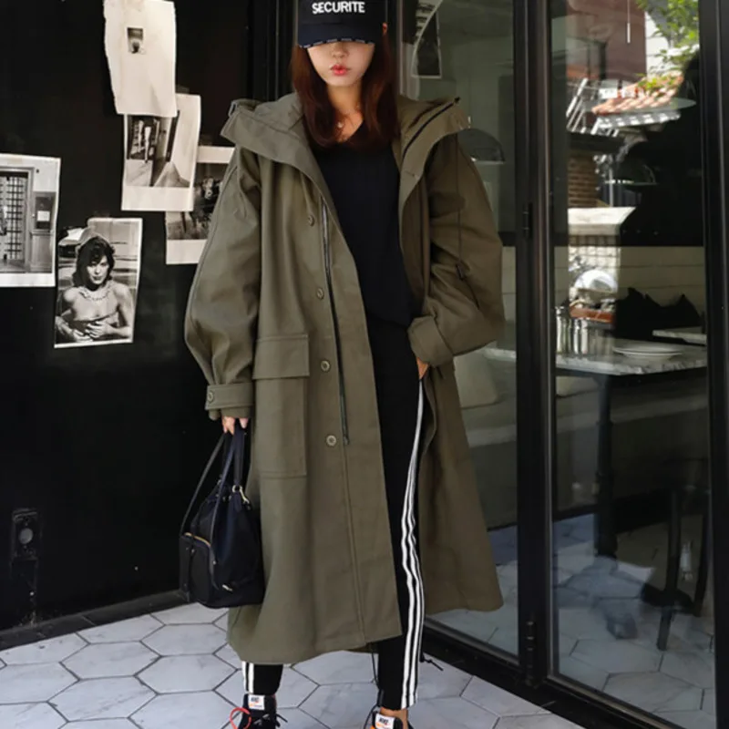 

LANMREM Army Green Hooded Long Sleeve Pocket Single-Breasted Loose Windbreaker Woman Casual Fashion 2019 Autumn Coat New TV863