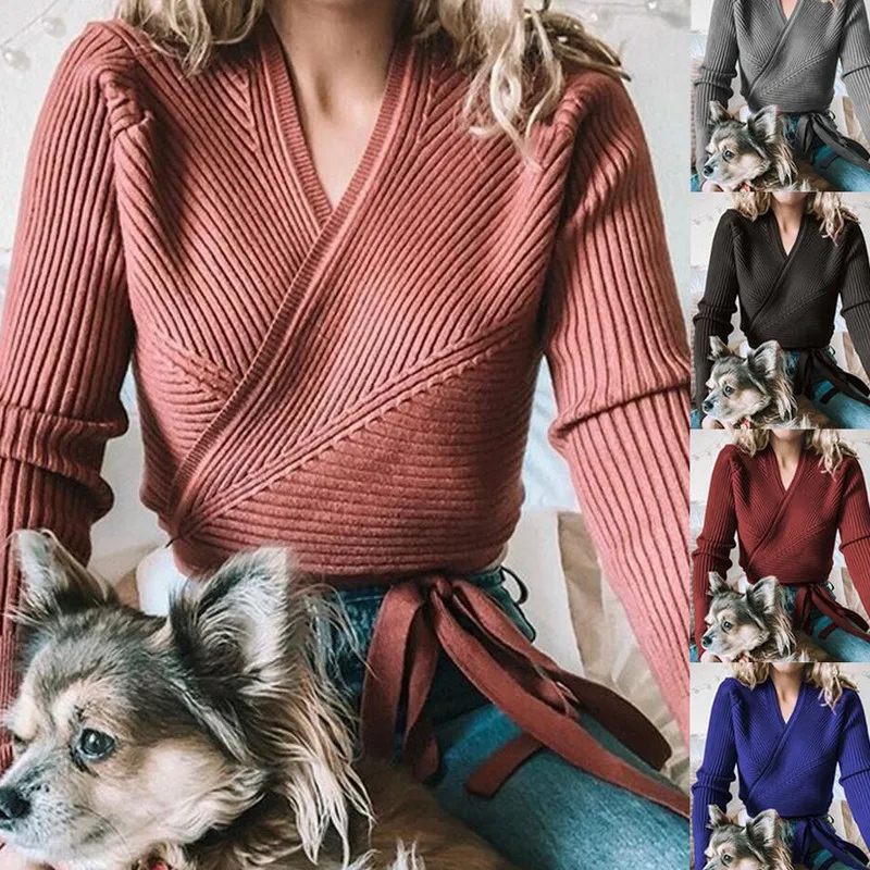 Women Solid V Neck Knitted Sweater 2019 Autumn Winter Fashion Female Pullover Sweaters Ladies Lace Up Slim Fit Sexy Knitwear | Женская
