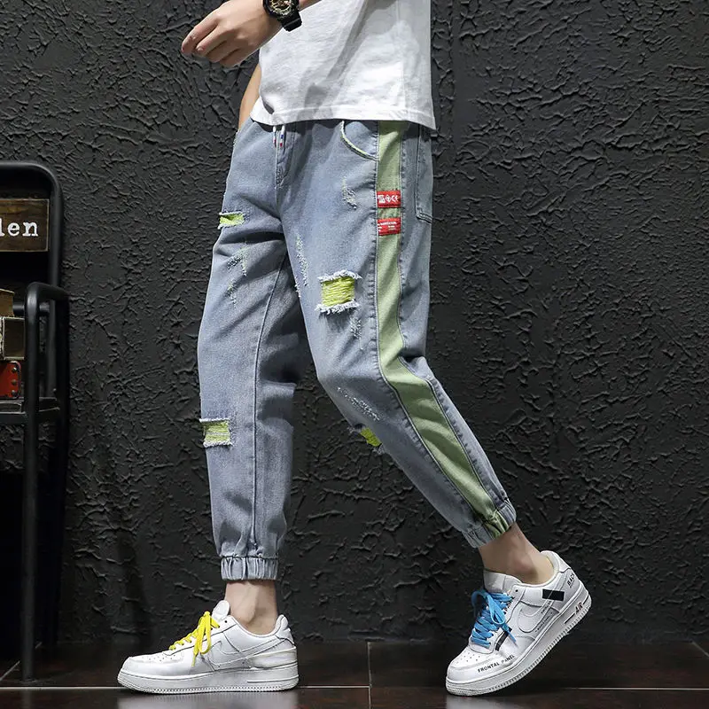 Ripped jeans men's thin section nine-point loose stitching harem trousers tied color contrast large size pants men jeans ripped jeans ripped patchwork jeans