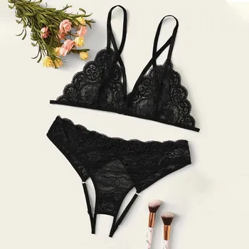 

2020 Women's Sexy lingerie Bra Set New Women Plus Size Lace Lingerie Bra+Thong Underwear Set Black Sleepwear Dropship A