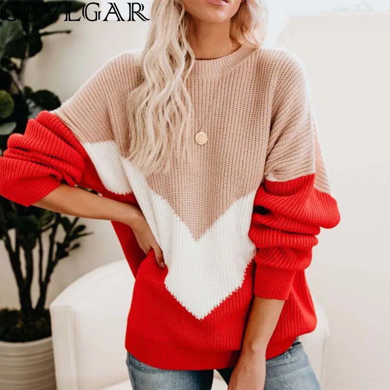 

Casual 2020 Autumn Winter Color Block Striped Sweater Loose Knitted Sweater Female Jumpers Long Sleeve Woman Pullovers Sweaters