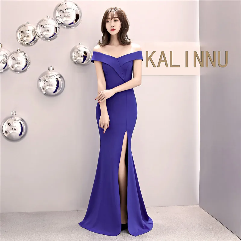 Royal Bule Skyyue Evening Dress Off The Shoulder Women Party Dresses Short Sleeve Robe De Soiree Sexy V-neck Split Formal Gowns C087 - Цвет: Royal Bule