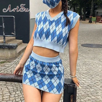 

ArtSu Casual Y2K Two Pieces Set Argyle Plaid Sleeveless Knit Vest and High Waist Skirt Outfits Ladies Suit Matching Sets SU52063