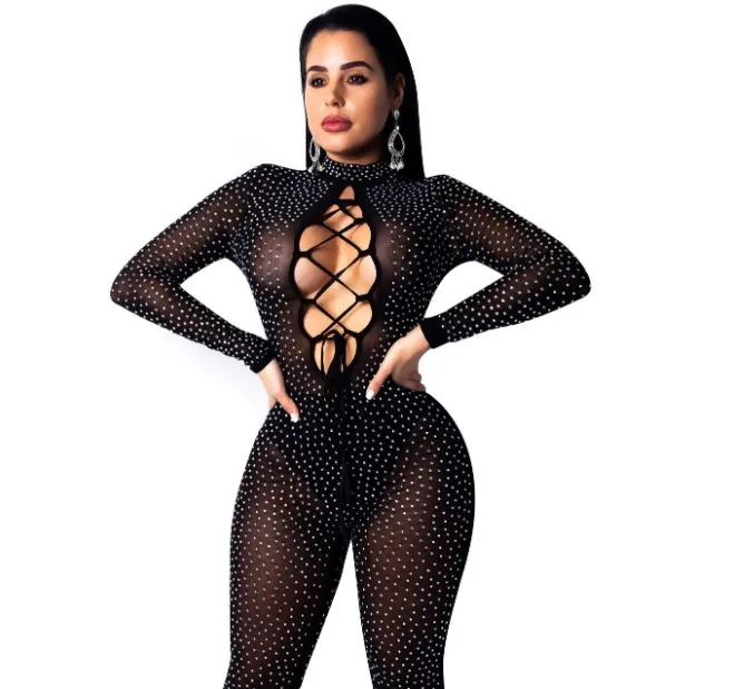 Cultiseed Women Sexy Hot Drilling Slim Hip Jumpsuits Rompers Female Fashion Hollow Out Bandage Mesh Jumpsuits Ladies Jumpsuits