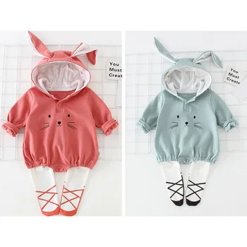 

Baby Girls Clothes Newborn Autumn Winter Boy Girl Hooded One-Pieces Rompers Cartoon Kids Jumpsuit With Long Ears Cat Hat Hot