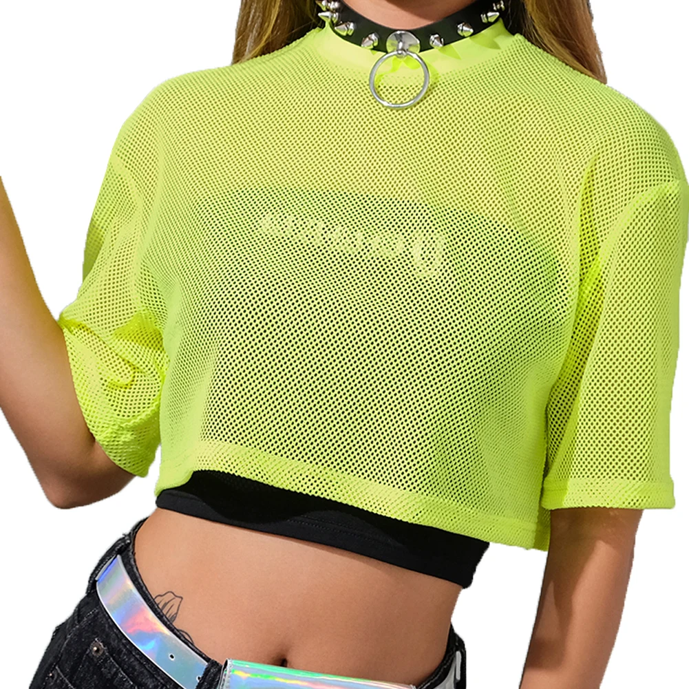Hirigin Fashion Women Sheer Mesh Crop Tops Neon Green See-Through Short Sleeve Casual T Shirt Punk Gothic Sexy Party Club Clothe