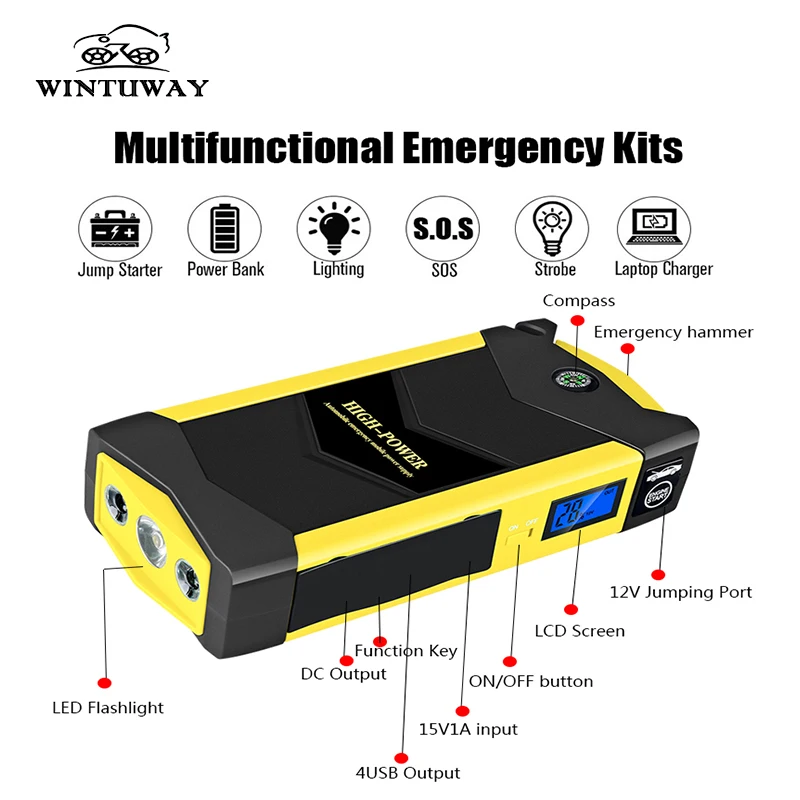 

WINTUWAY Multifunctional Car Jump Starter 1000A Peak Power Bank Car Charger Car Booster Booster Power Bank Starting B-JX19-2