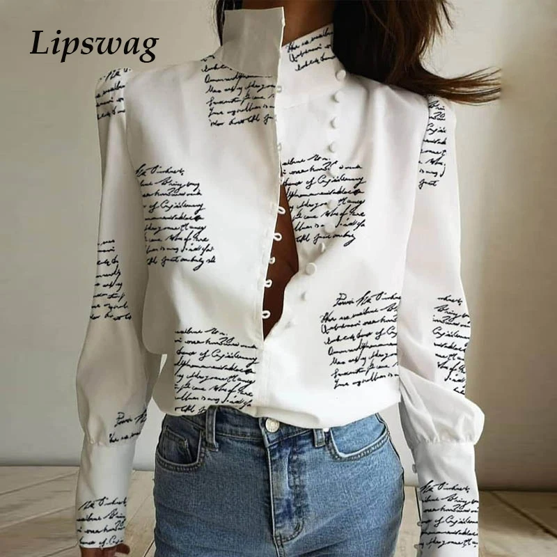  Women Stand Neck Buttoned Blouse Shirt Office Ladies Letter Print Puff Long Sleeve Pullovers Casual