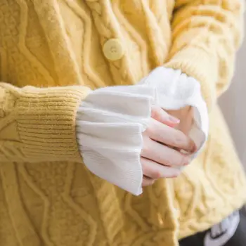 

Women Girls Ribbed Knit Horn Cuff Pleated Flared Detahable Sweater Fake Sleeve