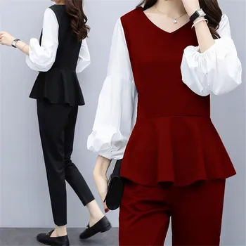 

L-5XL New 2019 Spring Autumn Lantern Sleeve Blouse Women's Pants Set + white Flare Sleeve 2 PCS Suits