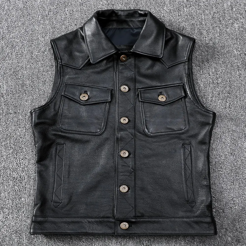 

Spring Autumn 2021 Chic Men's cow leather biker Waistcoat High quality Genuine leather Jackets Vest C241
