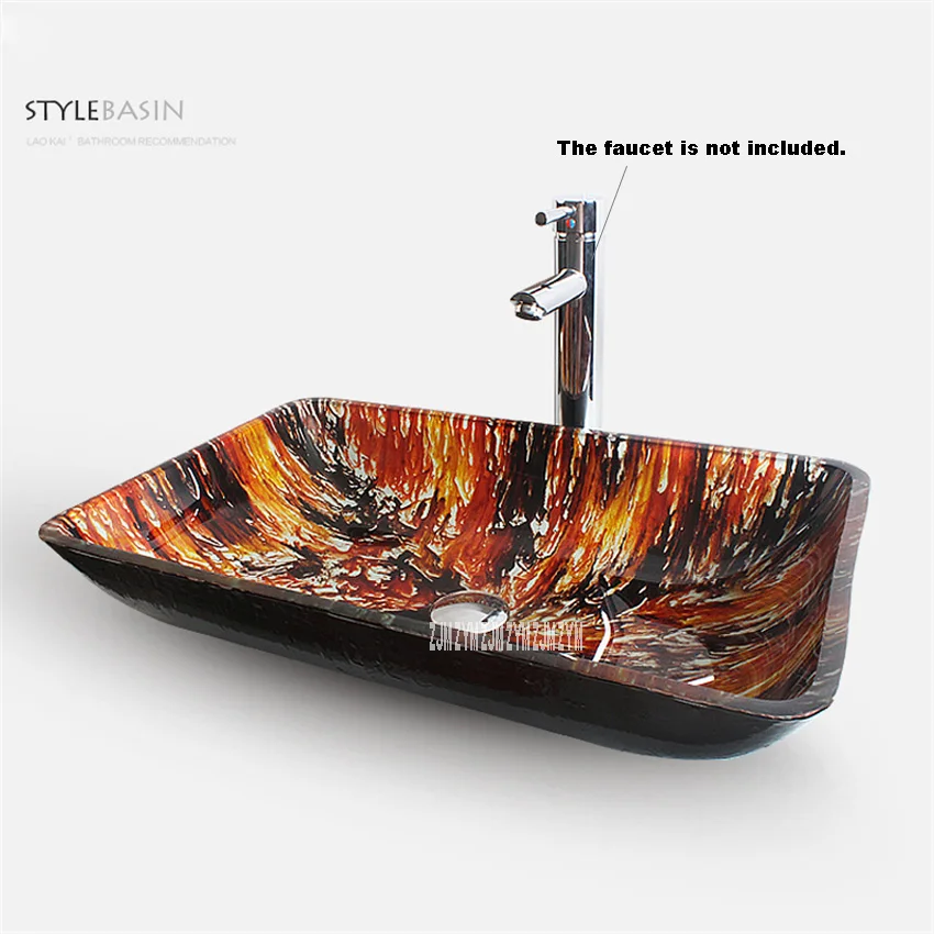 Above Counter Basin Household Hotel Washing Basin Bowl Automobile Front Grade Toughened Glass Rectangle Artistic Sink Bathroom - Цвет: A tan