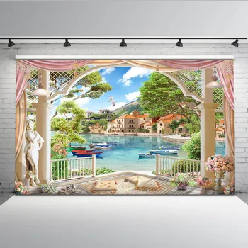

Mehofoto Balcony Sandy Beach Photography Backdrops Blue Sky and Sea Seagull Photo Background houses for Booth Studio Props G-603