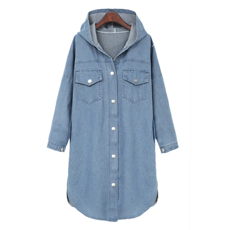 Джинсовое пальто средней длины осень и зима стиль Европа и Америка Большой размер платье пальто с капюшоном женское платье