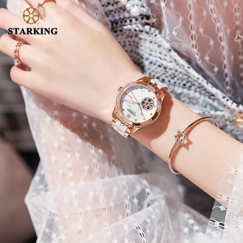 STARKING Top Brand AAA Quality Rose Gold Ceramic Watch Women Charming Skeleton Wristwatch Mechanism Ladies Gift Relogio Feminino