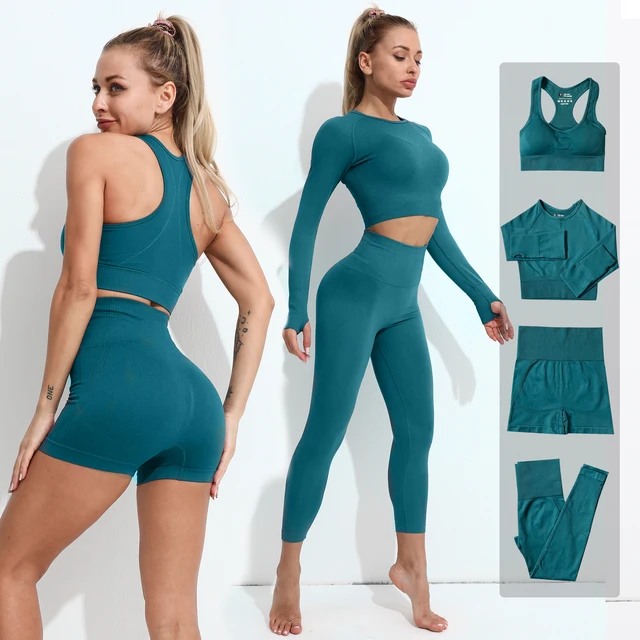 2/3/4PCS Seamless Women Yoga Set Workout Sportswear Gym Clothes Fitness Long Sleeve Crop Top High Waist Leggings Sports Suit 1