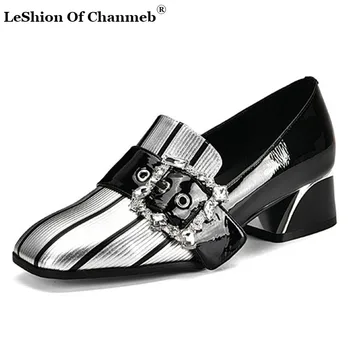 

2020 New Arrival Genuine Leather Shoes Women Pumps Mixed Color Buckle Crystal Square Heel Fashion Dress Shoes Ladies Size 33-43