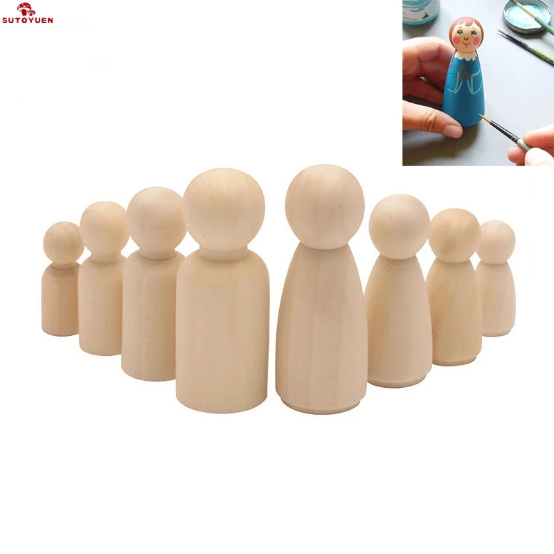 Sutoyuen 50pcs 35mm/43mm/53mm/65mm Wooden Mini Unpainted Peg Dolls Blanks Natural Wood Crafts Decoration Family PegDolls