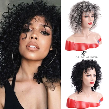 

XUANGUANG Synthetic Short Curly Wigs for Women Black Afro Wig 14 Inch Grey Natural Wig Brown Hair Heat Resistant