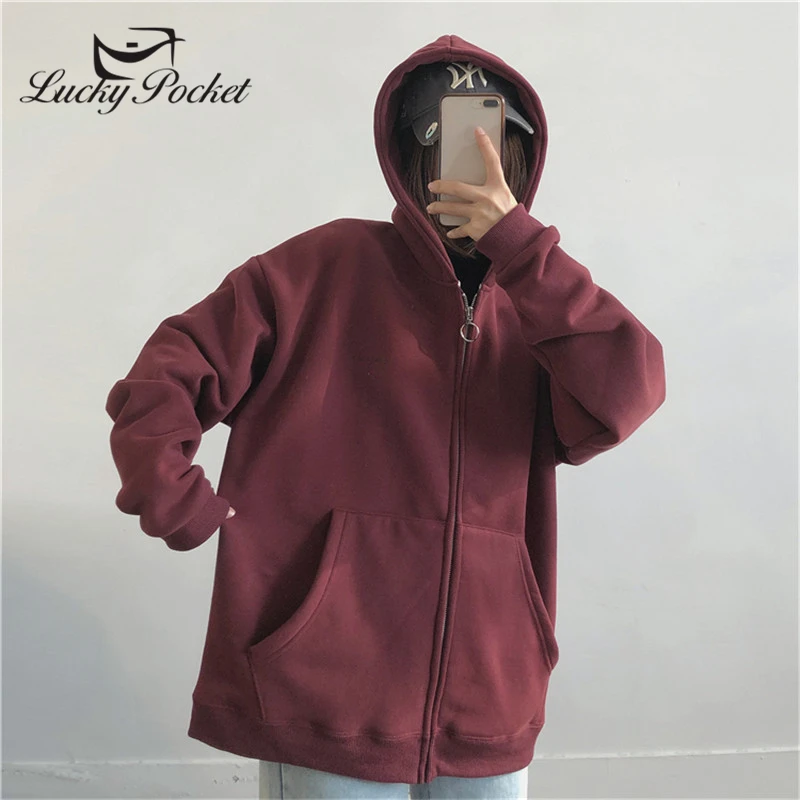 Ladies Spring Autumn Wine Red Hooded Sweatshirt Coat Women Solid Color