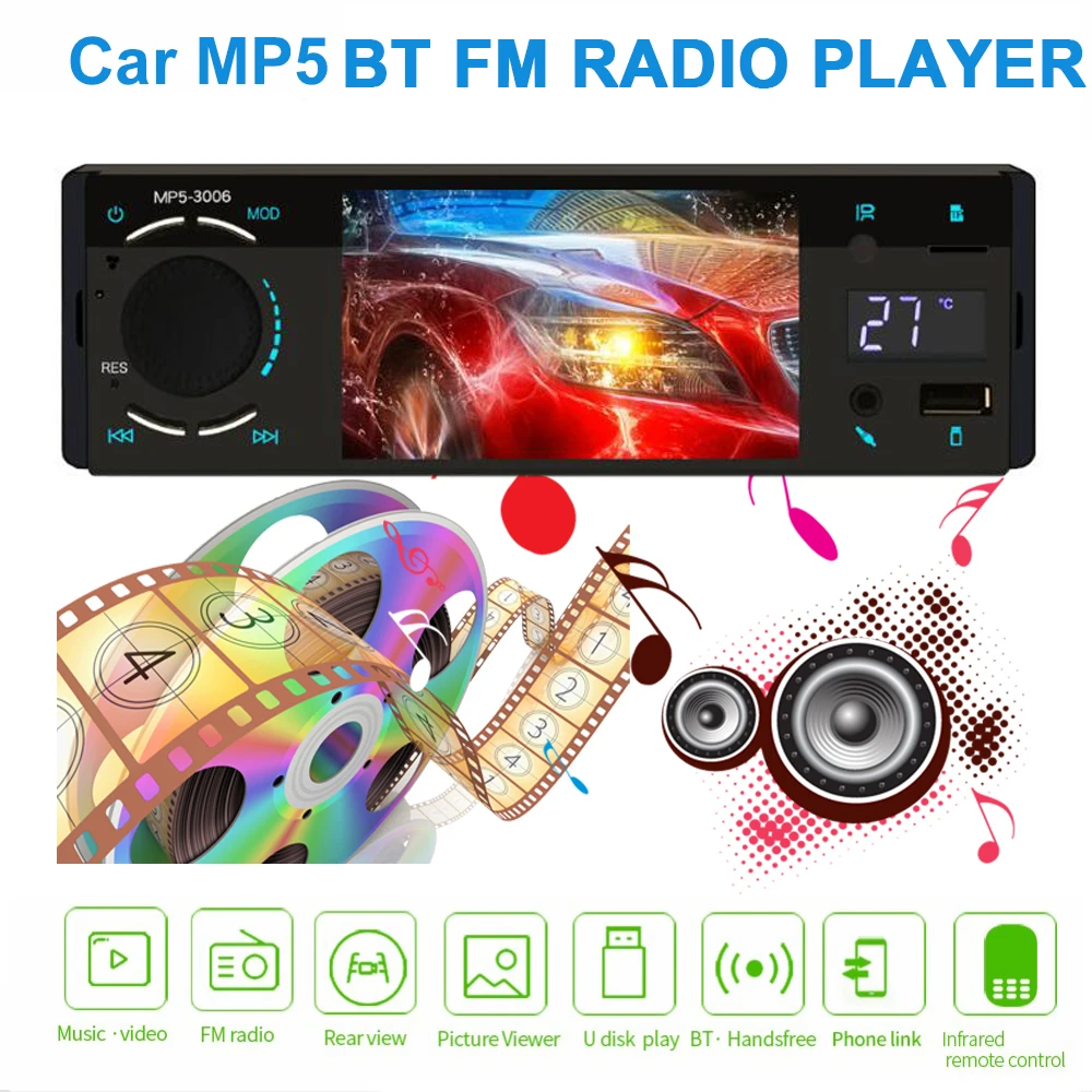 1 Din Car MP5 player FM Radio Autoradio Bluetooth Multimedia Player USB AUX Support Reversing Camera Steering Wheel Control