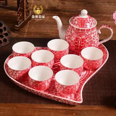 Высококачественный китайский свадебный подарок, свадебные принадлежности, красный керамический чайный чайник, двойной чайный горшок в форме сердца, набор подноса - Цвет: 5