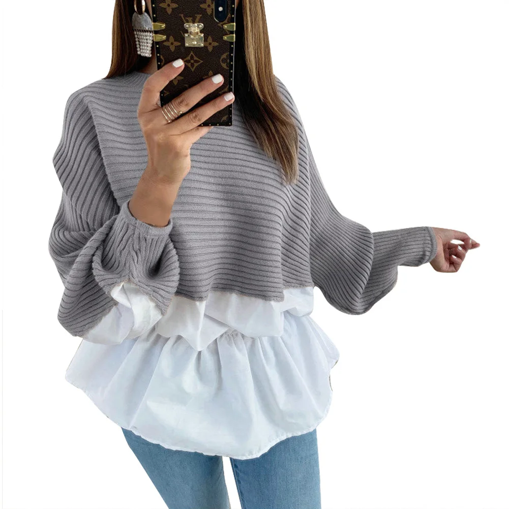 Bohisen winter Fashion sexy color matching irregular stitching sweater Round neck long sleeve tops Elastic waist blouse