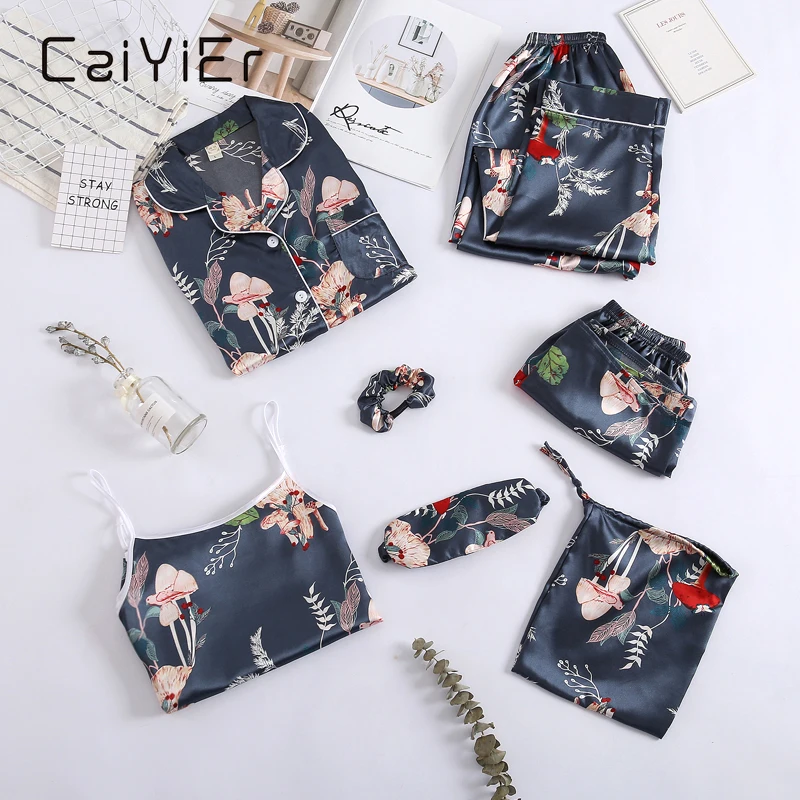 

CAIYIER 7 Pcs Flower Silk Satin Pajamas Set Sexy Lingerie Sleepwear Suit Long Sleeve Top Elastic Waist Pants Women Robe Homewear
