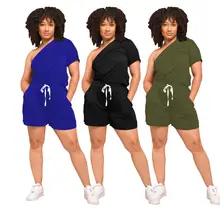 Aliexpress - Fashionable One Shoulder Short Sleeve Jumpsuits Loose Stretchy Sportwear Shorts Romper Drawstring Elastic Waist with Pockets