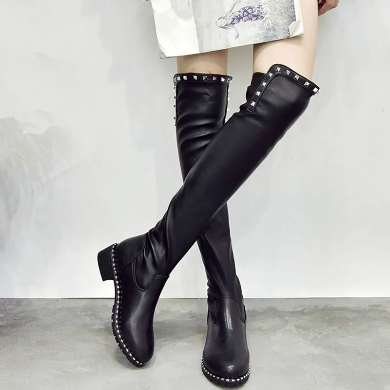 

New Sexy Rivet Over The Knee Boots Winter Pointed Toe Warm Women Boots Lady Short Plush + Stretch Fabric Fashion Boots Big Size