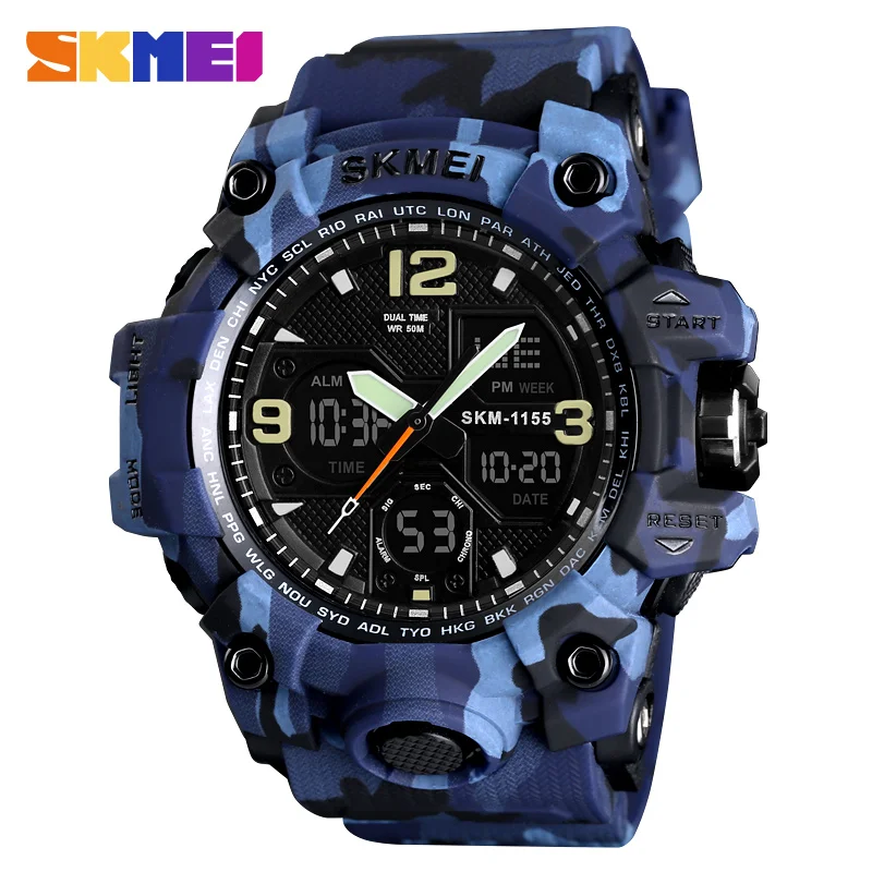 Preise Militär Uhren Armee Männer der Armbanduhr LED Quarzuhr Digtial Dual Zeit 50m Wasserdichte Uhr 1155B reloj hombre Sport uhr