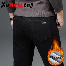 Флисовые мужские джинсы, Стрейчевые Прямые классические черные плотные теплые модные повседневные шерстяные брюки, зимняя уличная одежда, джинсы
