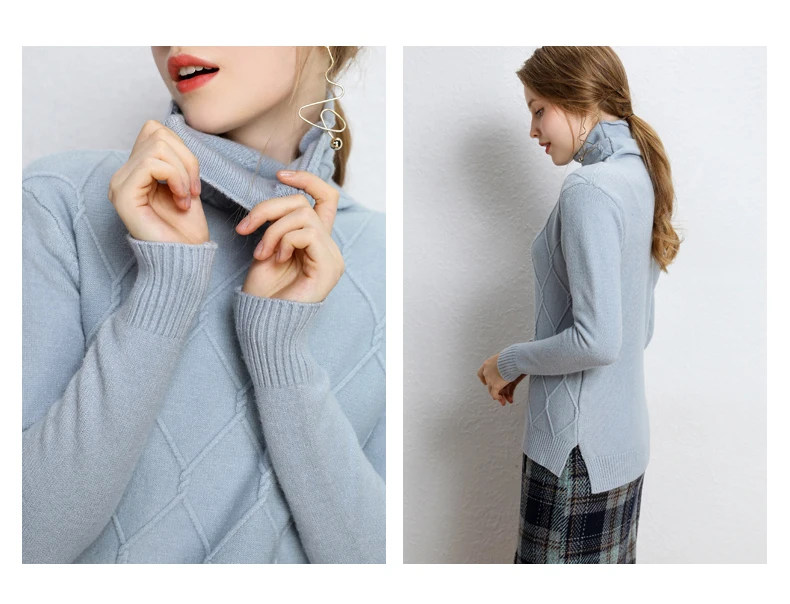 Осень-зима, женский свитер с высоким воротником, толстый кашемировый свитер, длинный рукав, ромбическая решетка, вязаные женские пуловеры