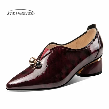 

Women summer high heels fashion genuine leather pumps spring thick heels shoes point toe slip on heel woman shoes 2020