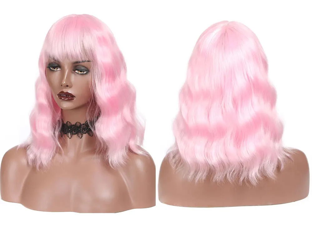 DQ Short Bob Wig with Bangs Water Wave Synthetic Hair Wig For Women Heat Resistant Fiber Pink Blonde Blue Purple Brown Ombre Wig
