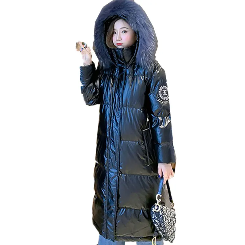 black real fur Женский пуховик новое зимнее пальто большой натуральный меховой воротник женский длинный теплый жакет на толстой подкладке с капюшоном для женщин парка пальто 543 - Цвет: black real fur