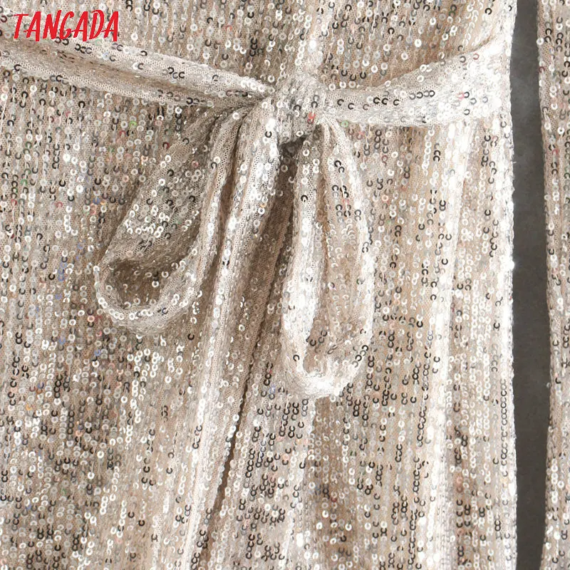 Tangada, женское сексуальное короткое платье с блестками, с поясом, блестящее, длинный рукав, v-образный вырез, туника, женское вечернее платье, vestidos 2XN167