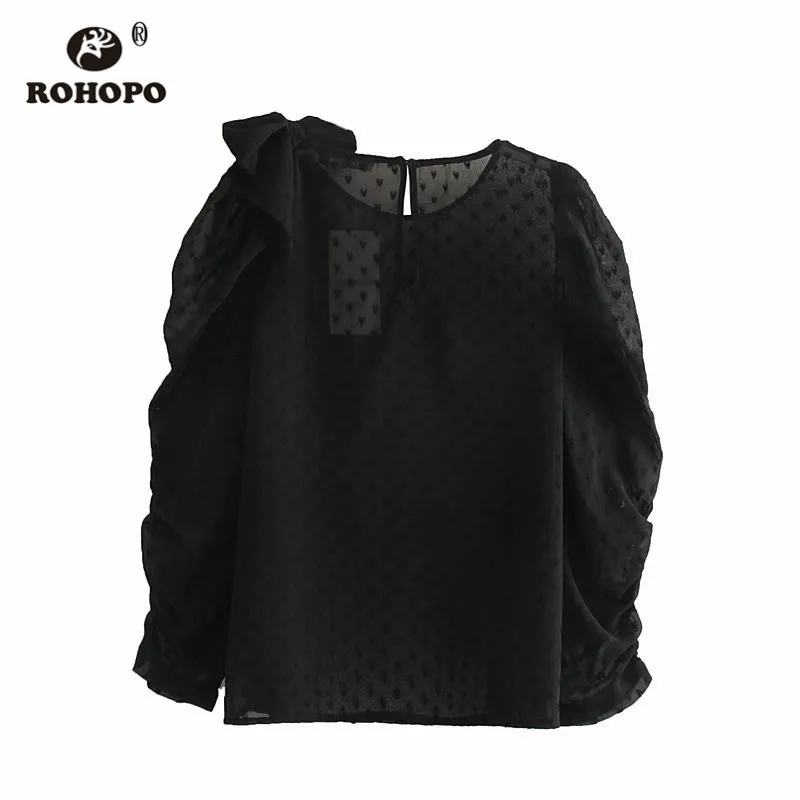 ROHOPO, длинный рукав, вышивка, полк, точка, черная блузка, на плече, бант, круглый воротник, Пышный рукав, осенние женские праздничные топы, блуза#6531