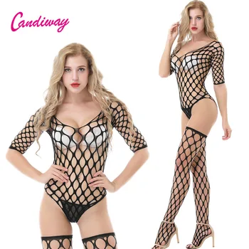 

Plus size fishnet bodystockings fantasy sexy lingerie erotic Teddy Corset bodysuits for women sleeve mesh tights appeal