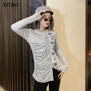

XITAO Letter Diamonds Wrinkles T Shirt Women 2020 Autumn Tide Fashion New Style O Neck Collar Long Sleeve Irregular Top ZP3719