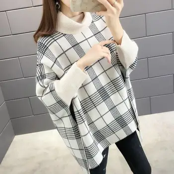 

Winter Womwn Batwing Sleeve Sweater Turtleneck Casual Loose Cloaks Sweater Vintage Striped Knitting Sweater
